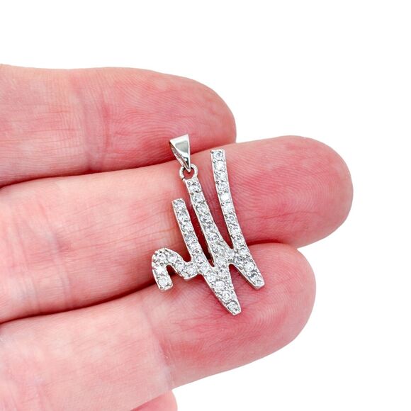 Vintage Sterling Silver 925 3cm Cubic Zirconia Script W Initial Pendant - Picture 1 of 7